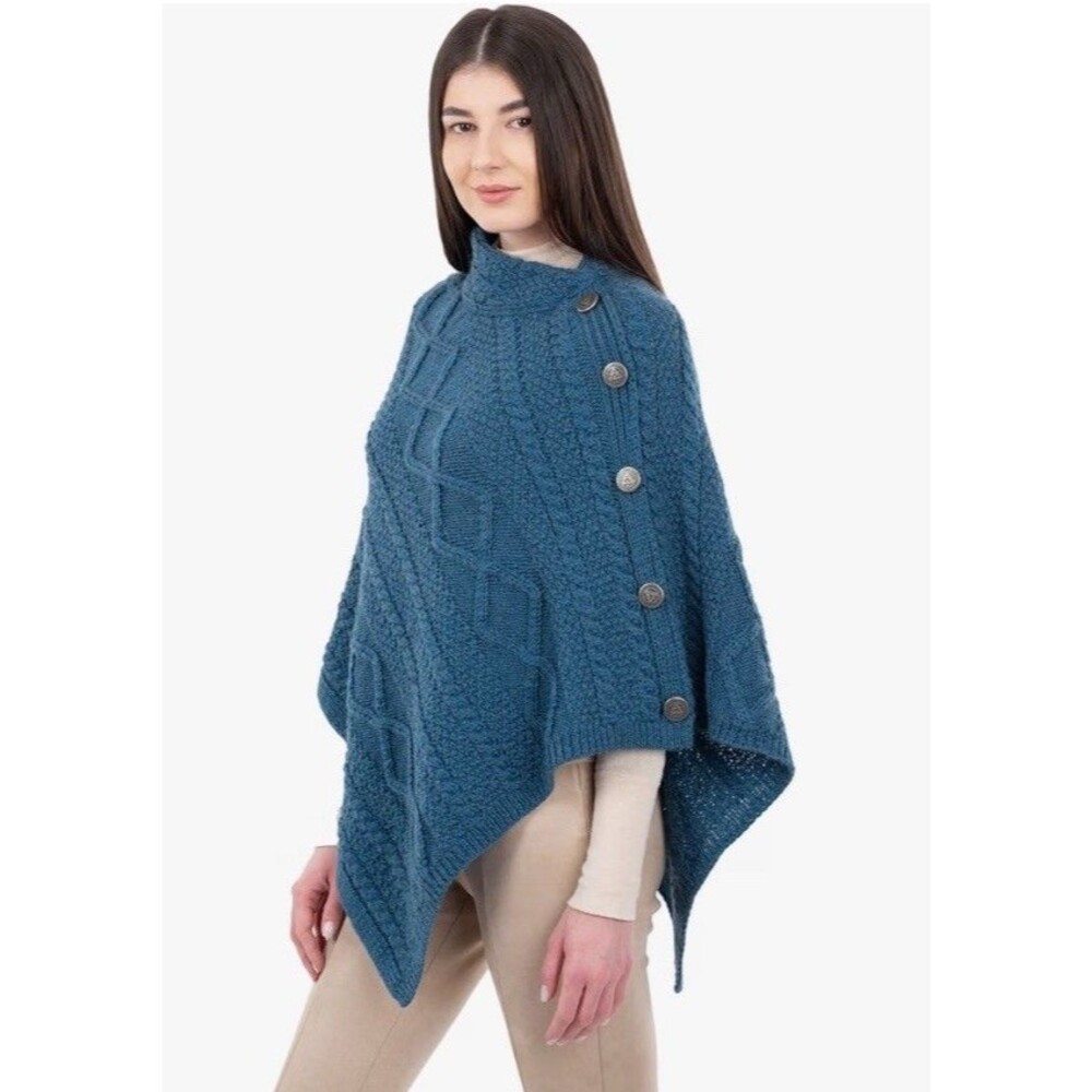Saol Ireland Poncho Womens Small Medium Merino Wool Cable Knit Sweater Blue New
